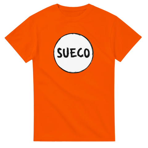 Orange t-shirt med grafiskt Sueco-motiv i organisk stil