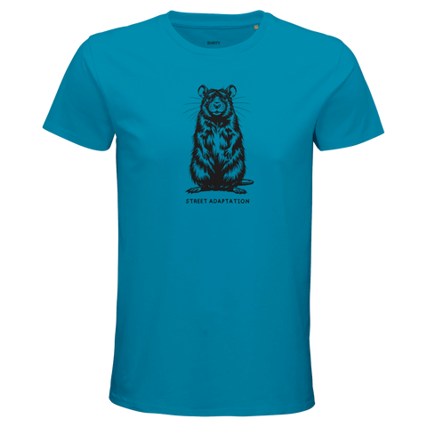 Svart råtta med texten "STREET ADAPTATION" på en turkos premium herr-t-shirt.