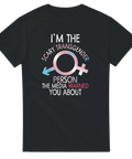 Grafisk illustration med texten Scary Transgender Person på svart t-shirt