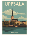 Närbild på en grafisk poster över Uppsala med texten Sweden längs ned, föreställande historisk arkitektur vid vatten.
