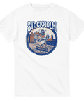 Humoristisk illustration av duva på elsparkcykel i Stockholm – grafisk t-shirt