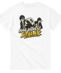 Grafiskt tryck med bovar och texten Här vankas stålar på vit t-shirt