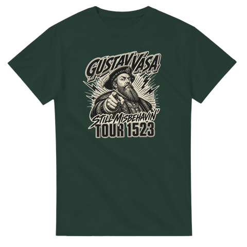 Vintage konsert-tryck med Gustav Vasa och blixtar – historisk humor t-shirt