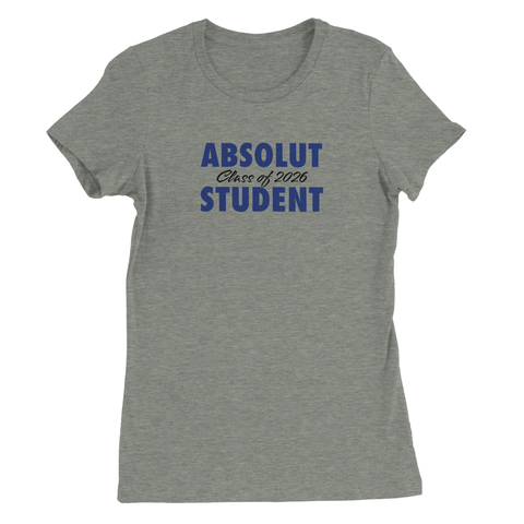 Absolut Student 2026-tryck i mörkblått på gråmelerad premium dam t-shirt med rund hals.