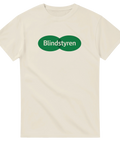 Minimalistiskt tryck med två gröna cirklar och text – benvit t-shirt