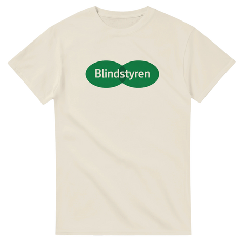 Minimalistiskt tryck med två gröna cirklar och text – benvit t-shirt
