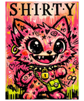 Modern konstposter med texten Shirty över en stökig illustration av en rosa varelse med punkig street-stil.