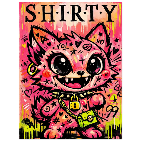 Modern konstposter med texten Shirty över en stökig illustration av en rosa varelse med punkig street-stil.