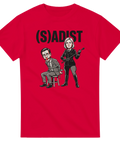 Politisk satir karikatyr av Magdalena Andersson och bunden Ulf Kristersson på röd t-shirt
