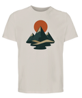 Grafiskt retromotiv av berg och sol på ljusbeige ekologisk t-shirt