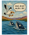 Nostalgisk grafisk poster föreställande valar i havet och en mås