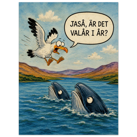 Nostalgisk grafisk poster föreställande valar i havet och en mås