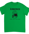 Humoristiskt motiv Ölmustasch med texten För att jag kan på grön t-shirt
