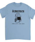 Grafiskt öltryck med gubbe som dricker öl på ljusblå t-shirt