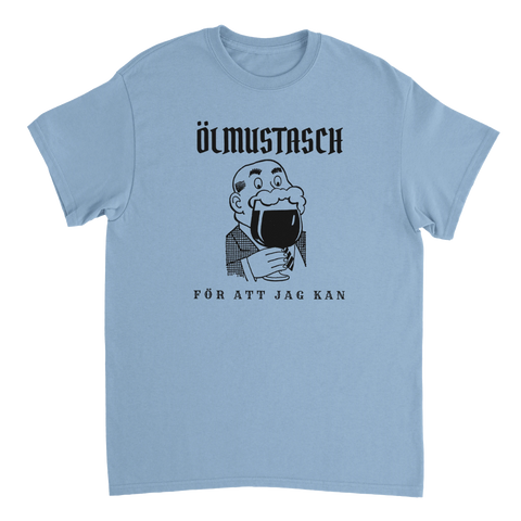 Grafiskt öltryck med gubbe som dricker öl på ljusblå t-shirt