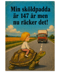 Satirisk illustration med sliten retrostruktur och humoristiskt citat