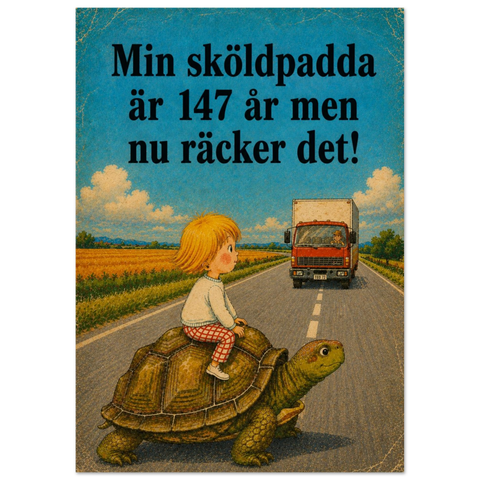 Satirisk illustration med sliten retrostruktur och humoristiskt citat