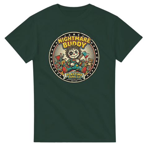 Mörkt humoristisk illustration av Nightmare Buddy på mörkgrön t-shirt