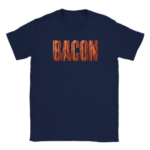 Humoristisk t-shirt med textdesign inspirerad av nystekt bacon
