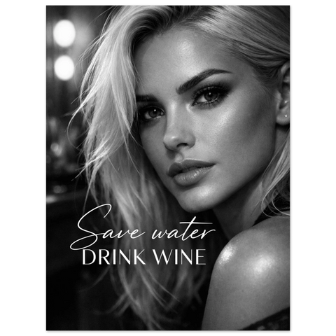 Närbild på en kvinna med rökig sminkning och texten Save water drink wine i vit skrivstil.