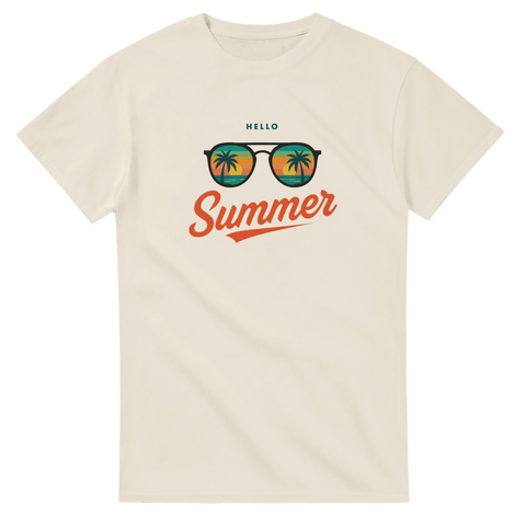 Vintage Hello Summer tryck med tropisk solnedgång – stilren t-shirt