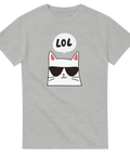 Tecknad cool katt med solglasögon och "LOL" i pratbubbla på gråmelerad t-shirt.