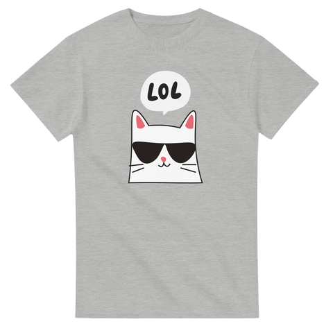 Tecknad cool katt med solglasögon och "LOL" i pratbubbla på gråmelerad t-shirt.
