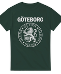Mörkgrön t-shirt med texten "Göteborg Glenn Glenn Glenn" och ett vitt lejonemblem – humoristisk hyllning till Göteborg och västkustkultur