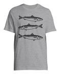Makrillstim med tre svarta, stiliserade makrillar på en grå premium T-shirt.