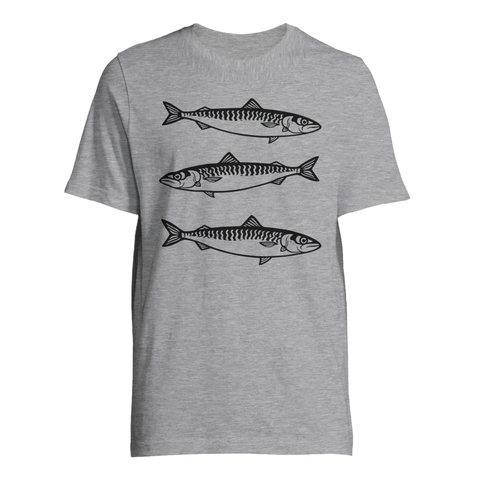 Makrillstim med tre svarta, stiliserade makrillar på en grå premium T-shirt.