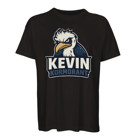 Tecknad arg kormorant med texten "KEVIN KORMORANT" på svart ekologisk oversized t-shirt.