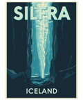 Illustration av Silfra-sprickan på Island med ljusstrålar som faller ner mellan mörka klippväggar i djupt blått vatten.