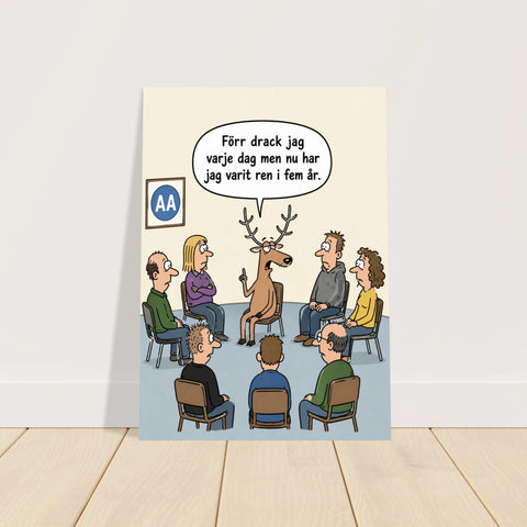 Humoristisk poster med ordvits placerad mot en vit vägg på ett trägolv