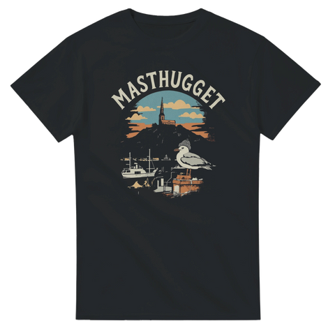 Retro illustration av Masthugget med mås i sotarmössa – grafisk t-shirt