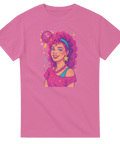 Rosa retro t-shirt med neonfärgad 80-talsillustration av tjej och discokula