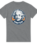 Vintage-inspirerat Einstein-motiv med orange detaljer på en gråmelerad t-shirt