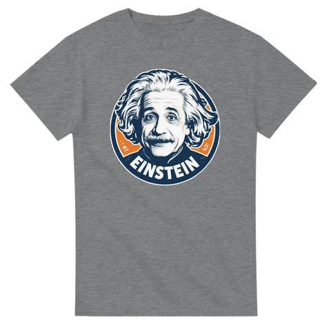 Vintage-inspirerat Einstein-motiv med orange detaljer på en gråmelerad t-shirt