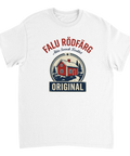 Retro illustration av röd stuga med texten Falu Rödfärg på vit t-shirt