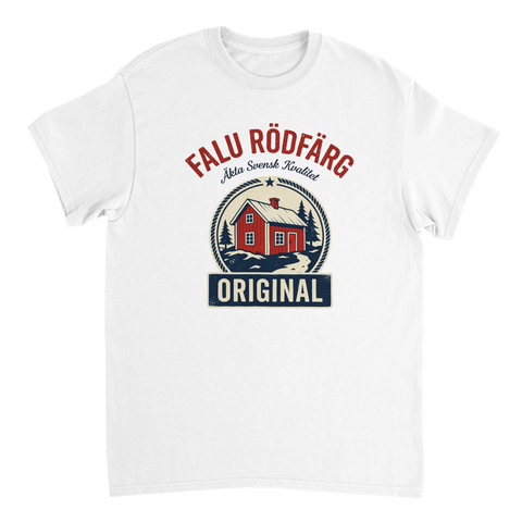 Retro illustration av röd stuga med texten Falu Rödfärg på vit t-shirt