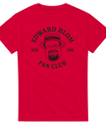 Edward Blom Fan Club-tryck med karikatyr av Blom i stråhatt, på röd T-shirt.