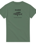 Grön t-shirt med grafiskt tryck av harr i retrostil