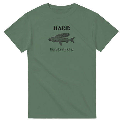 Grön t-shirt med grafiskt tryck av harr i retrostil