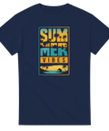 Mörkblå t-shirt med somrigt tryck av en strandstuga och tropiska träd