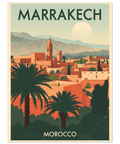 Illustration av Marrakechs stadssiluett i varma terrakottafärger med palmer, minaret och Atlasbergen i bakgrunden.