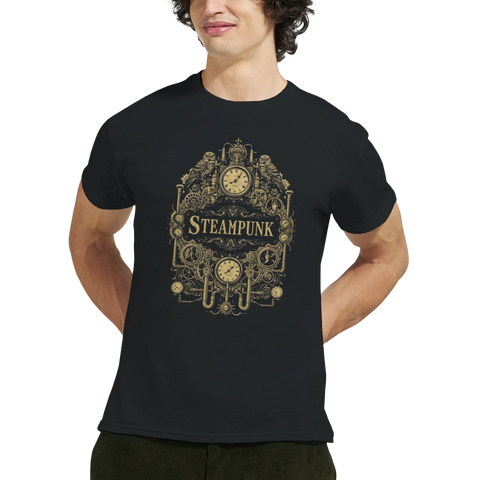 Man bär en svart t-shirt med grafiskt retrofuturistiskt urverksmotiv