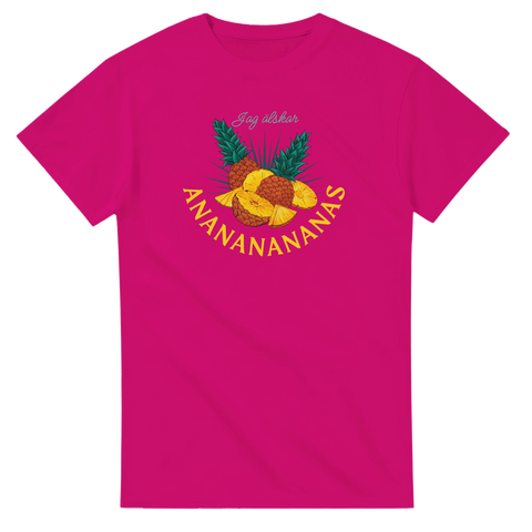 Färgglatt tryck med tropisk frukt och lekfull text på ceriserosa t-shirt