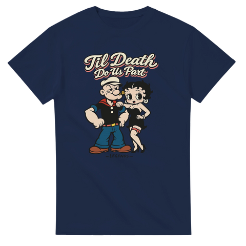 Marinblå t-shirt med grafiskt retrotryck av Thimble Theatre-karaktärer