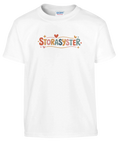 Retroinspirerad t-shirt för barn med färgglad Storasyster-text på vit bakgrund