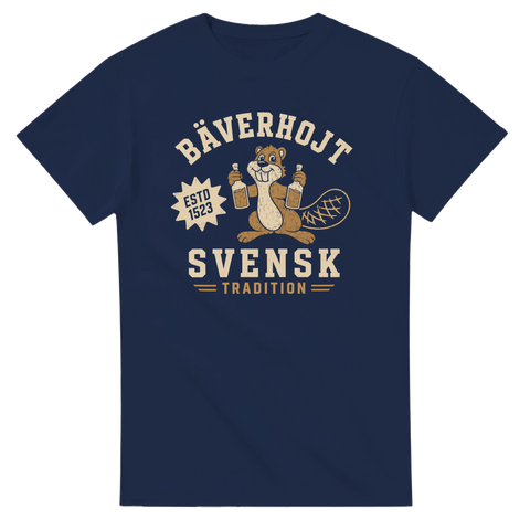 Humoristiskt motiv av en glad bäver och texten Svensk Tradition – vintage tryck