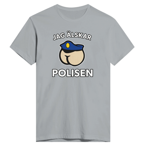 Grå t-shirt med provokativt motiv och texten Jag älskar polisen